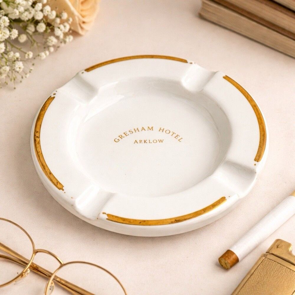 Arklow Ireland Gresham Hotel Dublin Ashtray White Gold Vintage Porcelain - Picture 2 of 14